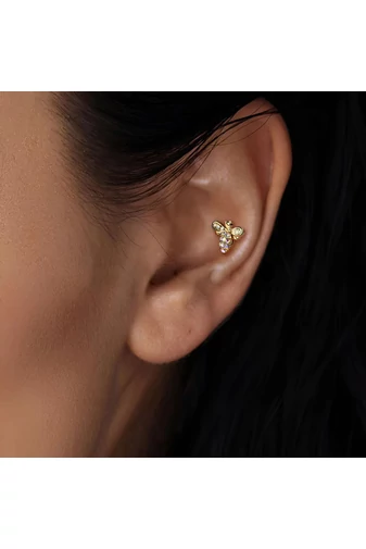 Piercing Auriu Tip Labret Cu Albină Și Cristale Din Oțel Inoxidabil Medical 316L
