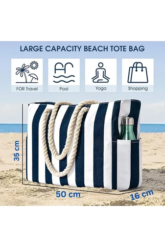 Geantă De Plajă Albastru Cu Dungi Albe Bonluo Din Pânză Impermeabilă (35*50*16cm)
