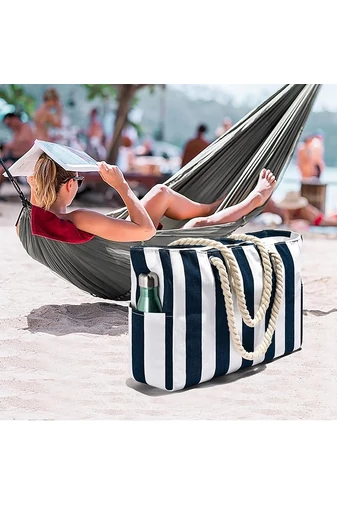 Geantă De Plajă Albastru Cu Dungi Albe Bonluo Din Pânză Impermeabilă (35*50*16cm)
