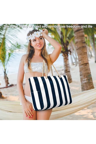 Geantă De Plajă Albastru Cu Dungi Albe Bonluo Din Pânză Impermeabilă (35*50*16cm)Geantă De Plajă Albastru Cu Dungi Albe Bonluo Din Pânză Impermeabilă (35*50*16cm)