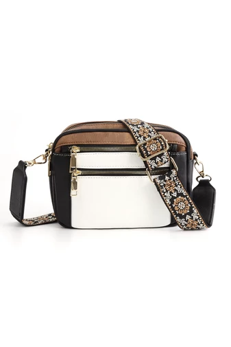 Geanta Crossbody Alba Cu Negru Bretea Reglabila Din PU 20*15,6*5,1cm Bonulo