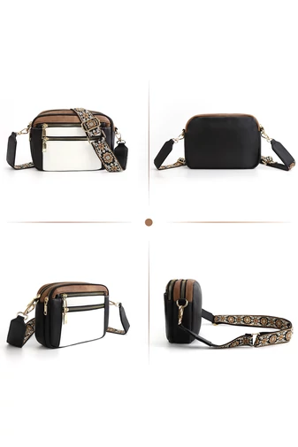 Geanta Crossbody Alba Cu Negru Bretea Reglabila Din PU 20*15,6*5,1cm Bonulo