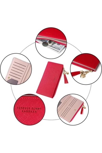 Portofel Dama Rosu Elegant Cu 12 Sloturi Pentru Carduri Din Pu 19*9*1cm