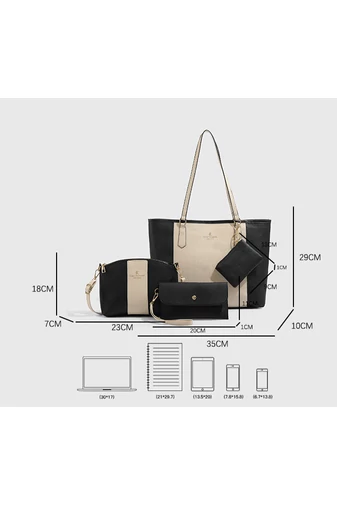 Set Geantă Damă 4-în-1 Elegantă Din PU Model Bicolor Negru/Alb Bonluo Stil Tote 35*29*10 cm