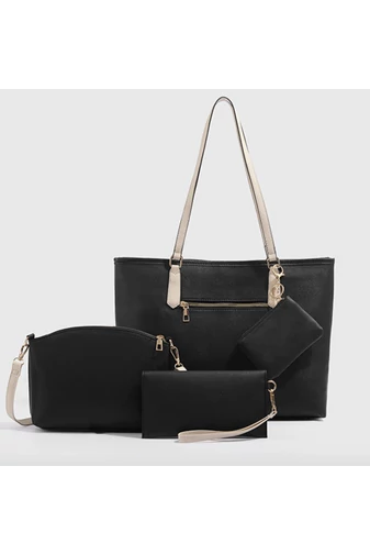 Set Geantă Damă 4-în-1 Elegantă Din PU Model Bicolor Negru/Alb Bonluo Stil Tote 35*29*10 cm