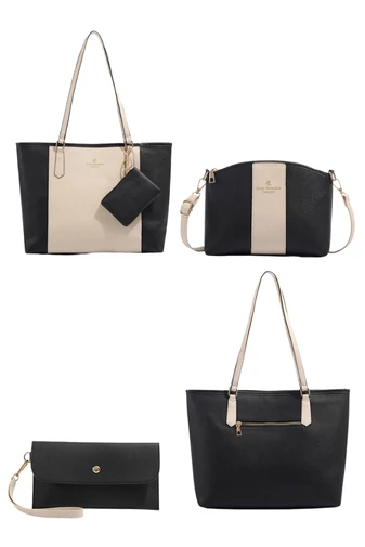 Set Geantă Damă 4-în-1 Elegantă Din PU Model Bicolor Negru/Alb Bonluo Stil Tote 35*29*10 cm