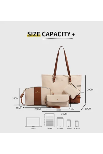 Set Geantă Damă 4-în-1 Elegantă Din PU Model Bicolor Maro/Alb Bonluo Stil Tote 35*29*10 cm