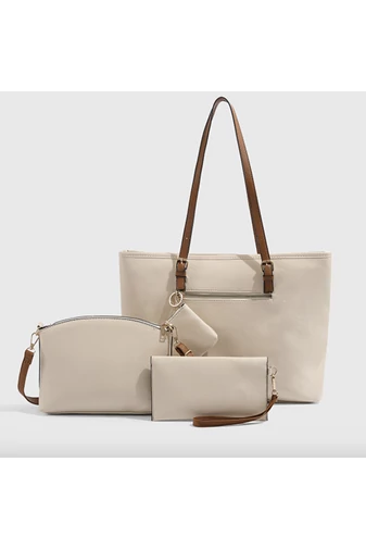 Set Geantă Damă 4-în-1 Elegantă Din PU Model Bicolor Maro/Alb Bonluo Stil Tote 35*29*10 cm