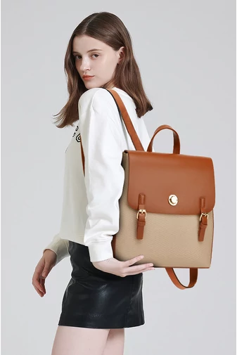 Set Rucsac Geantă de Umăr Și Portofel Din PU și Material Textil Maro-Cafeniu Bonluo