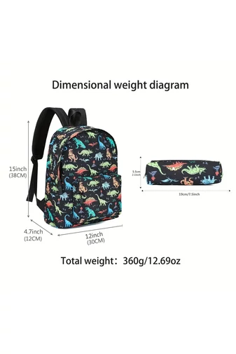 Set Ghiozdan Școală Pentru Copii Negru Model Dinozauri Cu Penar (2buc)