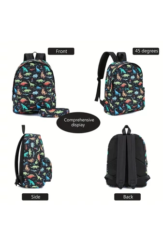 Set Ghiozdan Școală Pentru Copii Negru Model Dinozauri Cu Penar (2buc)