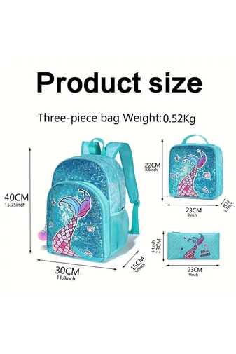 Set Rucsc Școala Pentru Fete Turcoaz Deschis Cu Model Sirenă Accesorizat Cu Paiete(3buc)