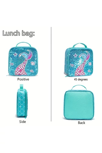 Set Rucsc Școala Pentru Fete Turcoaz Deschis Cu Model Sirenă Accesorizat Cu Paiete(3buc)