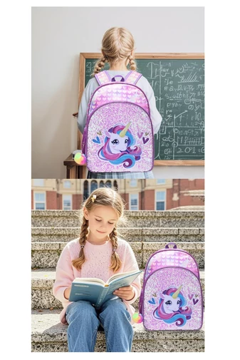 Set Rucsc Școala Pentru Fete Violet Deschis Cu Model Unicorn Accesorizat Cu Paiete(3buc)