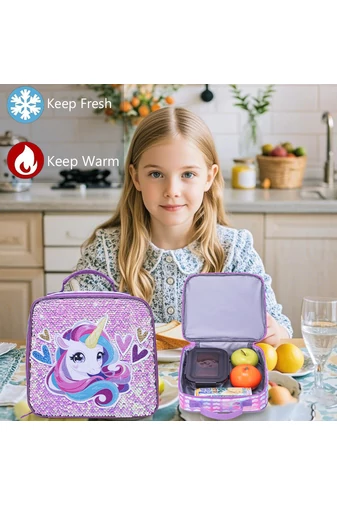 Set Rucsc Școala Pentru Fete Violet Deschis Cu Model Unicorn Accesorizat Cu Paiete(3buc)