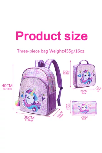 Set Rucsc Școala Pentru Fete Violet Deschis Cu Model Unicorn Accesorizat Cu Paiete(3buc)