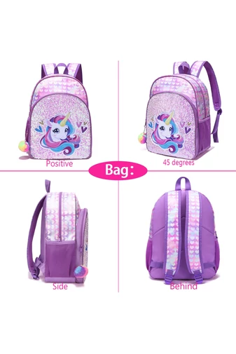 Set Rucsc Școala Pentru Fete Violet Deschis Cu Model Unicorn Accesorizat Cu Paiete(3buc)