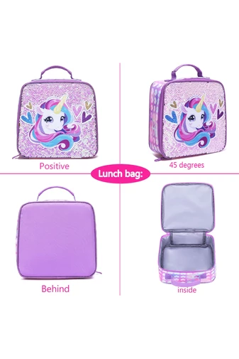 Set Rucsc Școala Pentru Fete Violet Deschis Cu Model Unicorn Accesorizat Cu Paiete(3buc)