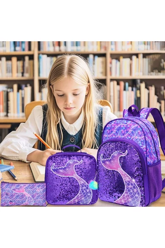 Set Rucsc Școala Pentru Fete Violet Închis Cu Model Sirenă Accesorizat Cu Paiete(3buc)