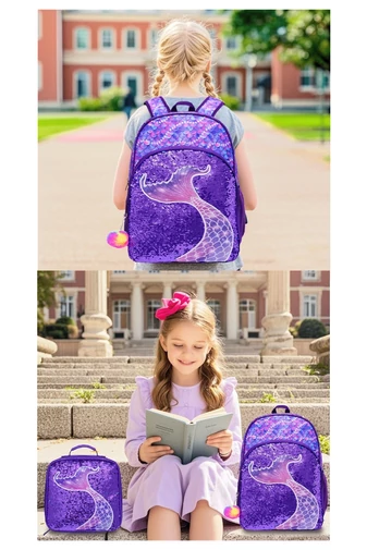 Set Rucsc Școala Pentru Fete Violet Închis Cu Model Sirenă Accesorizat Cu Paiete(3buc)