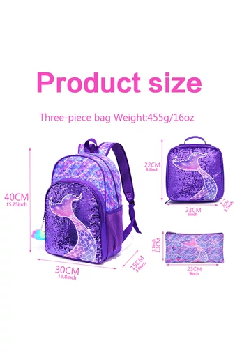 Set Rucsc Școala Pentru Fete Violet Închis Cu Model Sirenă Accesorizat Cu Paiete(3buc)