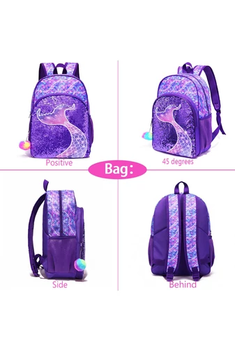 Set Rucsc Școala Pentru Fete Violet Închis Cu Model Sirenă Accesorizat Cu Paiete(3buc)