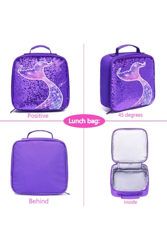 Set Rucsc Școala Pentru Fete Violet Închis Cu Model Sirenă Accesorizat Cu Paiete(3buc)