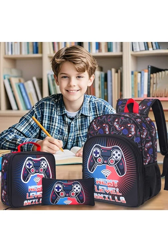 Set Rucsac Școală Pentru Băieți Negru Cu Model Gamer (3buc)