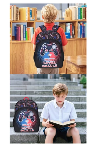Set Rucsac Școală Pentru Băieți Negru Cu Model Gamer (3buc)