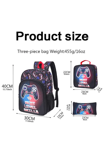 Set Rucsac Școală Pentru Băieți Negru Cu Model Gamer (3buc)