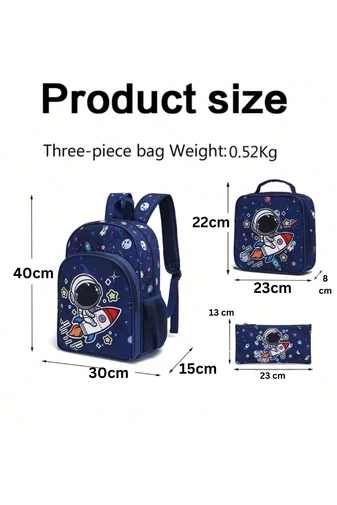 Set Rucsac Școală Pentru Băieți Albastru Cu Model Astronaut (3buc)