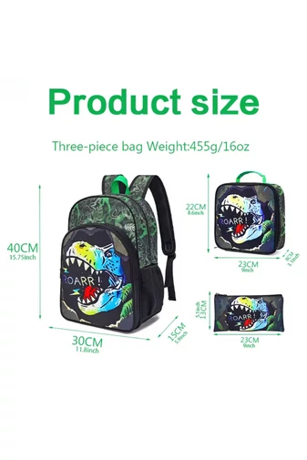 Set Rucsac Școală Pentru Băieți Verde Cu Negru Model Dinozaur (3buc)