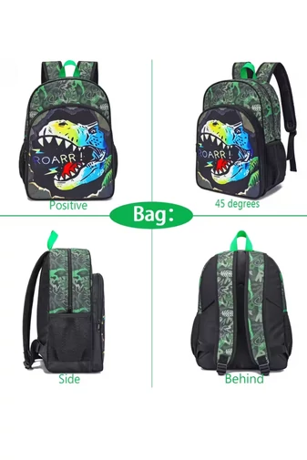 Set Rucsac Școală Pentru Băieți Verde Cu Negru Model Dinozaur (3buc)