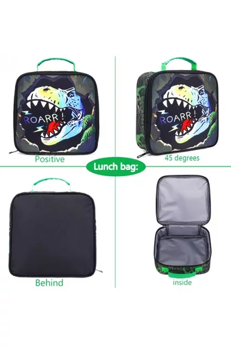 Set Rucsac Școală Pentru Băieți Verde Cu Negru Model Dinozaur (3buc)