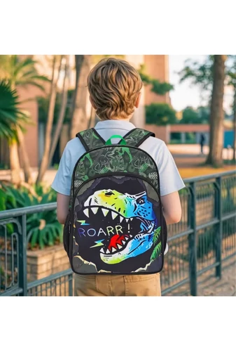 Set Rucsac Școală Pentru Băieți Verde Cu Negru Model Dinozaur (3buc)