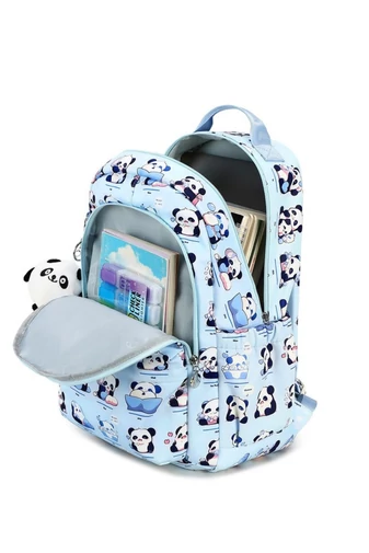 Rucsac Școlar Ușor Și Rezistent Alb Cu Imprimeu Panda Și Breloc Plușat Inclus 40*30*15cm