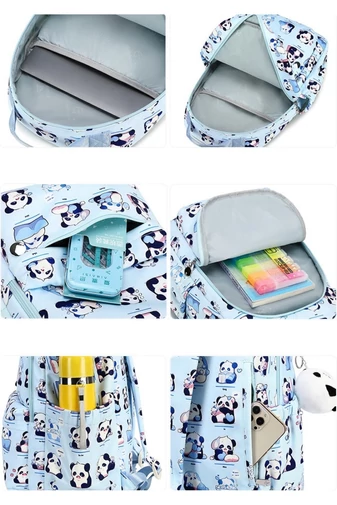 Rucsac Școlar Ușor Și Rezistent Alb Cu Imprimeu Panda Și Breloc Plușat Inclus 40*30*15cm