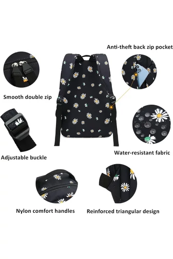 Rucsac Multifuncțional Din Poliester Impermeabil Ușor Negru Cu Imprimeu Margarete 43*35*15cm