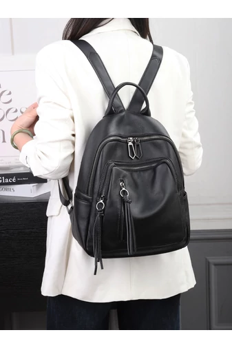 Rucsac Damă Din Piele Naturală Elegant Și Practic Cu Buzunare Multiple Negru 34*29*13cm
