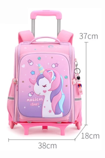 Rucsac Cu Roți Pentru Copii Unicorn Roz Model Și Mâner Detasabil Poliester Rezistent 37*38*18cm