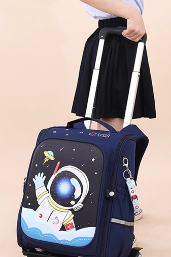 Rucsac Cu Roți Albastru Pentru Copii Model Astronaut Și Mâner Detasabil Poliester Rezistent 37*38*18cm