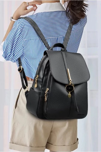 Bonluo Rucsac Damă Negru Din Imitație Piele Accesorizat Cu Cap De Pisicuță (30x25x13cm)