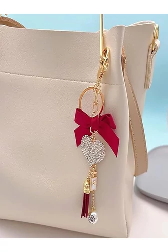 Breloc Elegant Cu Pandantiv Inima Decorată Cu Cristale Și Fundiță Vișinie