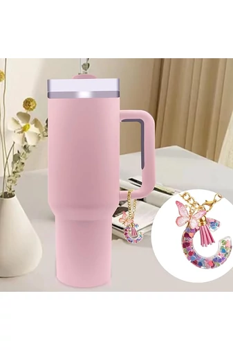 Breloc Elegant Cu Inițiala ''L'' Roz Accesorizat Cu Fluturaș