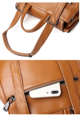 Rucsac Damă Elegant Din Piele Naturală Cu Compartimente Multiple Bonluo Maro Coniac 28*26*13cm