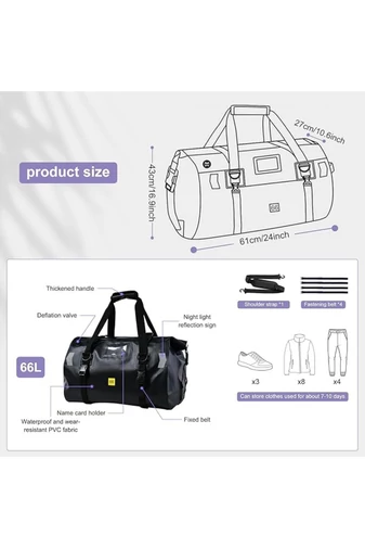 Geantă Voiaj Din PVC Impermeabil Neagră 66L Capacitate Mare 43*61*27cm