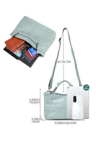 Geantă De Mana Elegantă Și Compactă Din Piele Naturală Albastru Deschis 16.5*26.5*13cm 