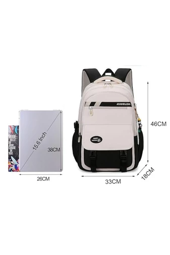 Ghiozdan Școală Pentru Copii Bej Cu Negru Din Poliester Impermeabil, Spațiu Pentru Laptop 46*33*18cm