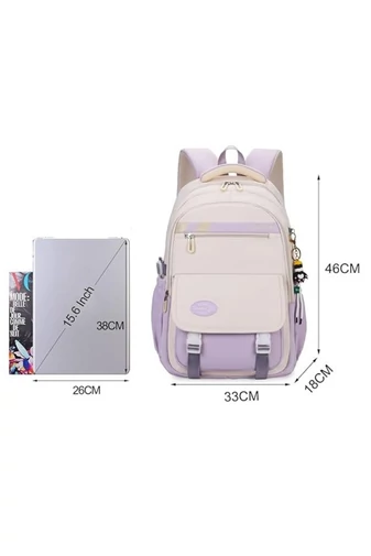 Ghiozdan Școală Pentru Copii Bej Cu Negru Din Poliester Impermeabil, Spațiu Pentru Laptop 46*33*18cm