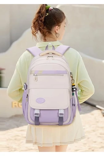 Ghiozdan Școală Pentru Copii Bej Cu Violet Din Poliester Impermeabil, Spațiu Pentru Laptop 46*33*18cm